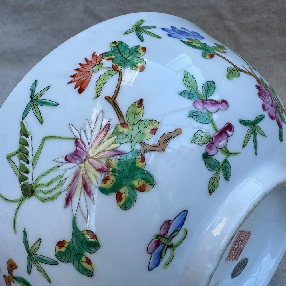 Vintage 70s Hong Kong Porcelain Bowl 60s Famille Rose Grasshopper Floral 9in